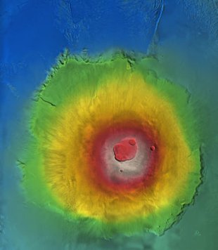 Vista tridimensional do Olympus Mons, o volcán máis alto de Marte